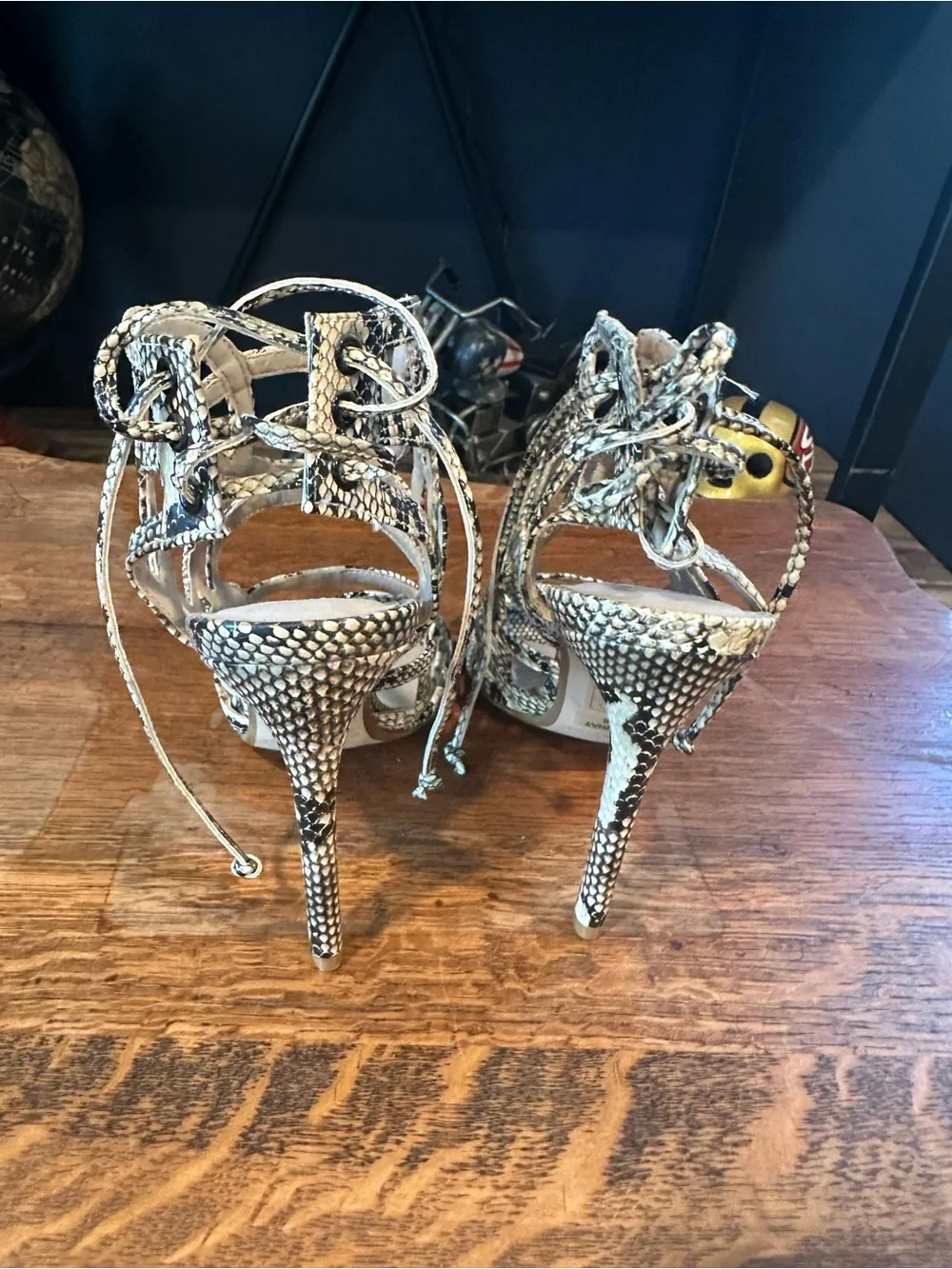 Topshop Snake-Print Lace-Up Strappy Heels in Black & Cream